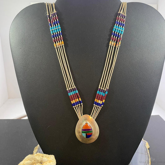 Vintage Native American Sterling Silver Liquid Silver, Multi Beads & Inlay Pendant Necklace