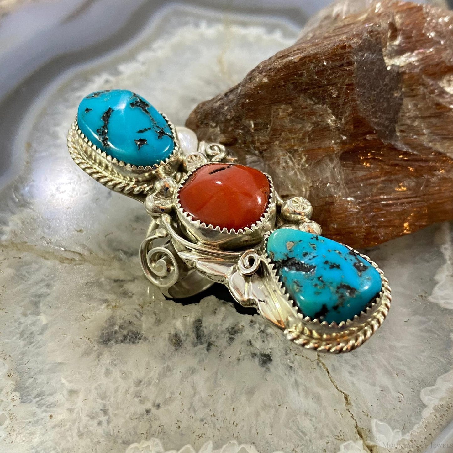 Silver Ray Native American Sterling Silver Elongated Turquoise & Coral Ring Size 6.5 For Women