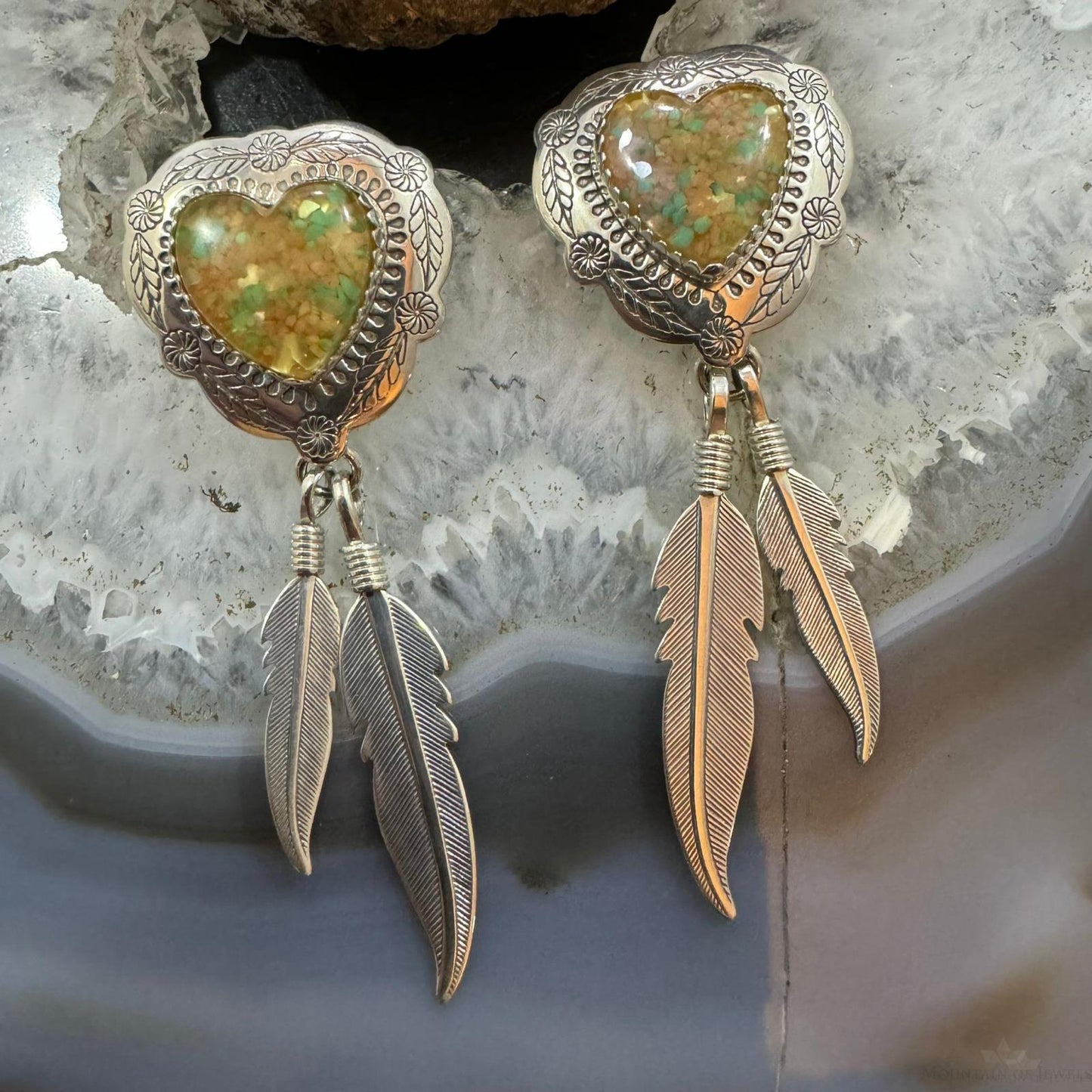 Carolyn Pollack Sterling Silver Heart Shape Chip Gemstones w/Feathers Dangle Earrings For Women