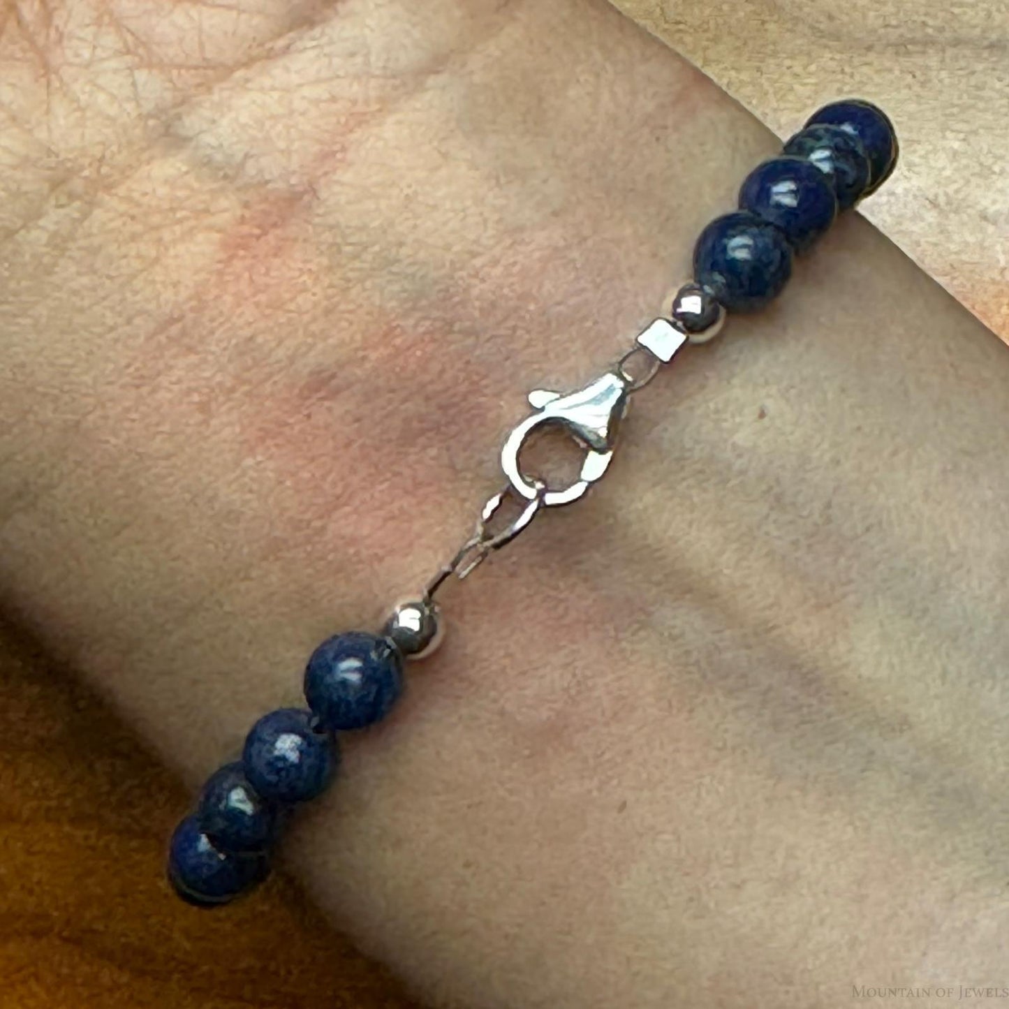 Native American Sterling Silver 5 mm Navajo Pearl & Lapis Bead Link Bracelet For Women