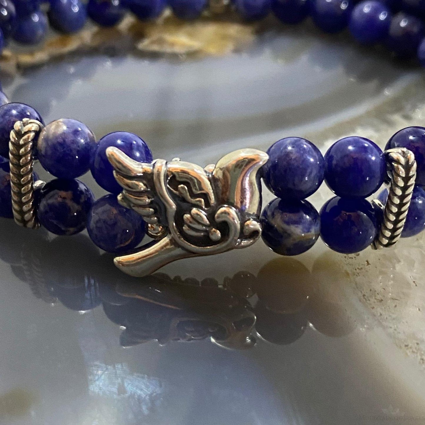 Carolyn Pollack Sterling Silver 2 Strand Sodalite Bead With Dove Stretch Bracelet For Women