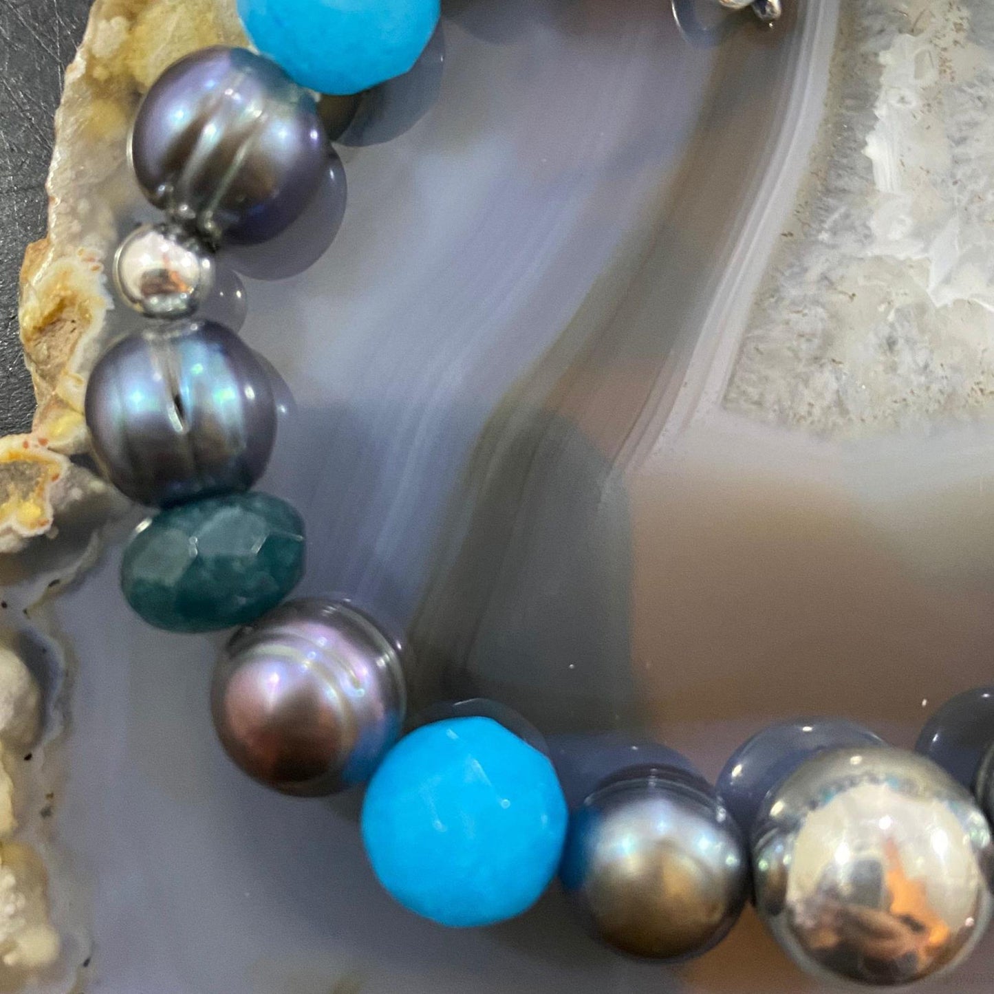 Carolyn Pollack Vintage Sterling Silver Multi Gemstone Ocean Tones Stretch Bracelet