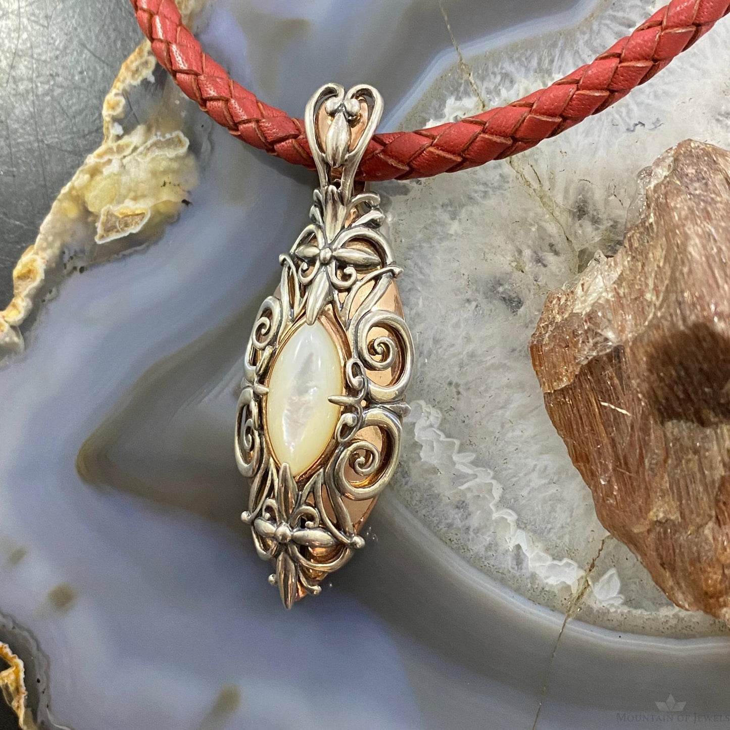 Carolyn Pollack Southwestern Style Sterling Silver & Brass Mother of Pearl Decorated Pendant For Women