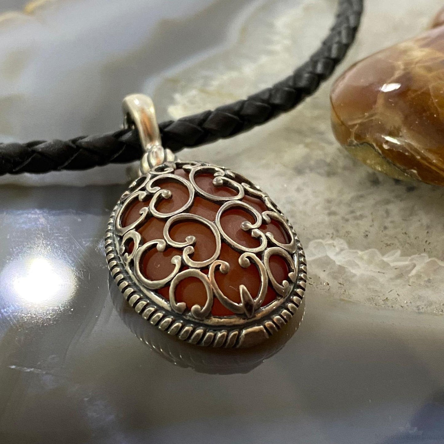 Carolyn Pollack Sterling Silver Oval Frosted Orange Agate Enhancer Pendant For Women