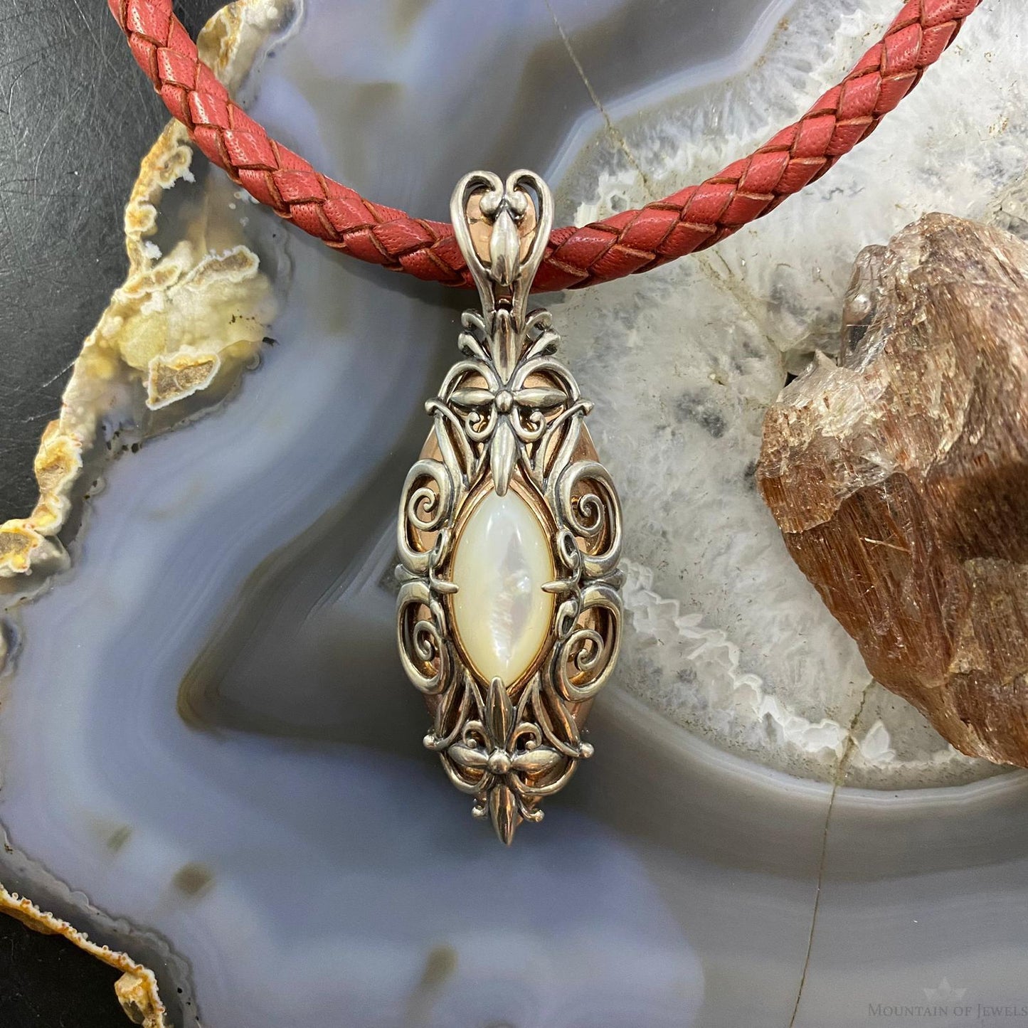 Carolyn Pollack Southwestern Style Sterling Silver & Brass Mother of Pearl Decorated Pendant For Women