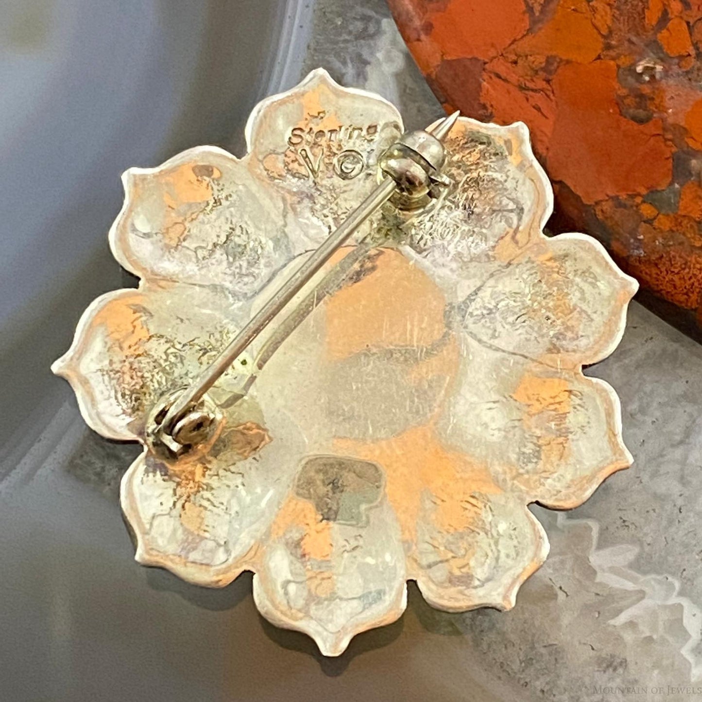 Vintage Native American Sterling Silver Onyx & Opal Stamped Flower Brooch For Women