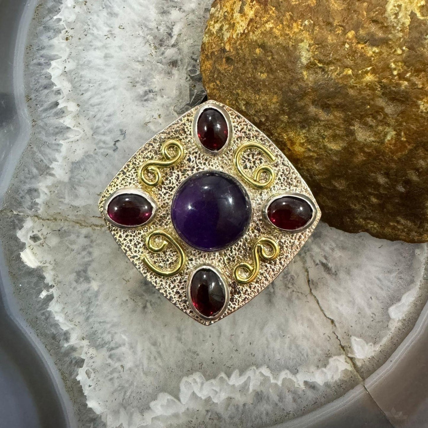Carolyn Pollack Sterling Silver & Brass Amethyst & 4 Garnet Decorated Ring For Women