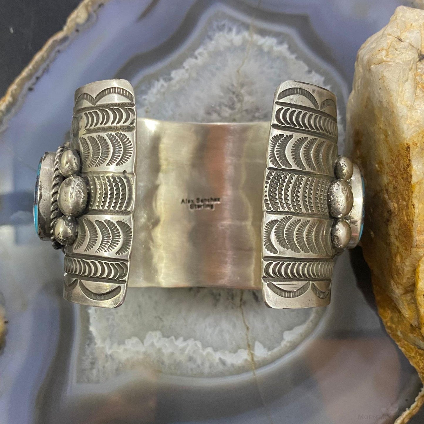 Alex Sanchez Sterling Silver Barber Head Half Dollar & 4 Oval Turquoise Bracelet For Women