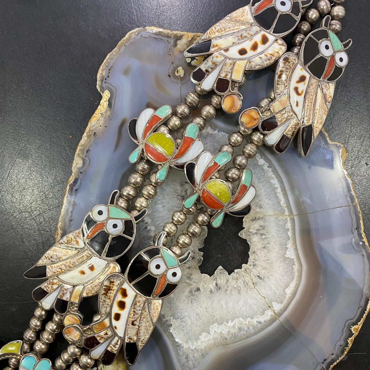 Vintage Native American Silver Bead Multistone Zuni Inlay 5 Owl Necklace