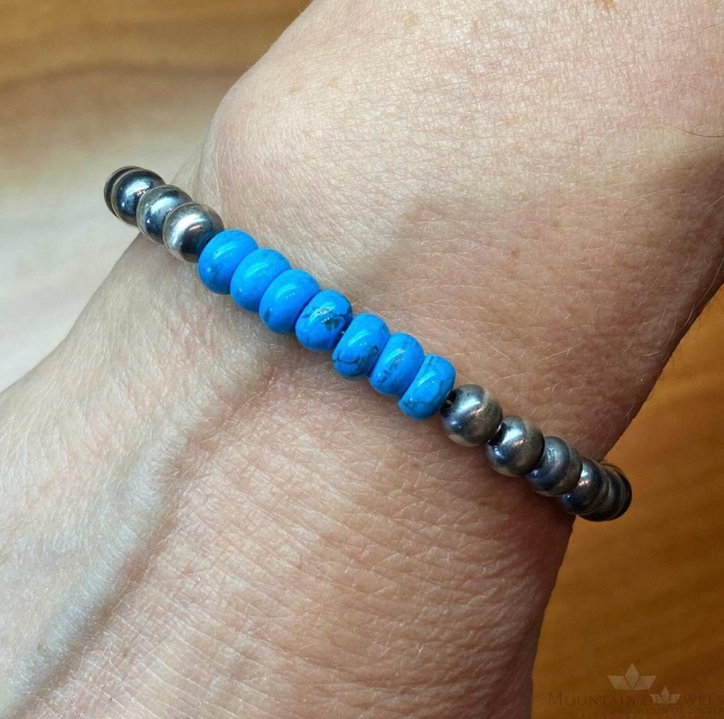 Navajo Pearl and Turquoise 6mm Beads Sterling Silver 8" Bangle For Women