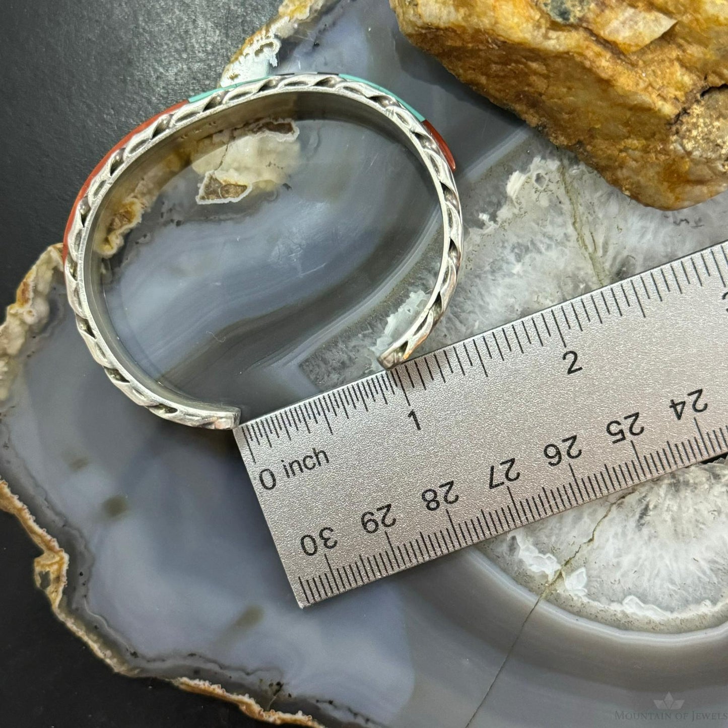 Vintage Signed Native American Silver Multi Gemstone Inlay Bracelet For Women