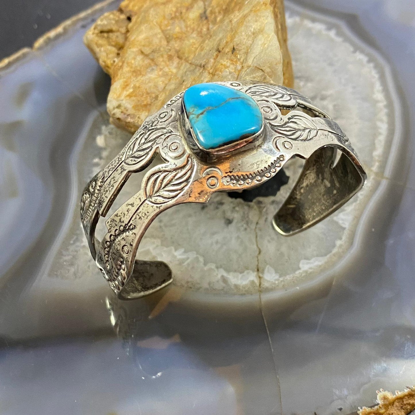 Vintage Native American Sterling Silver Turquoise Stamped Bracelet For Women