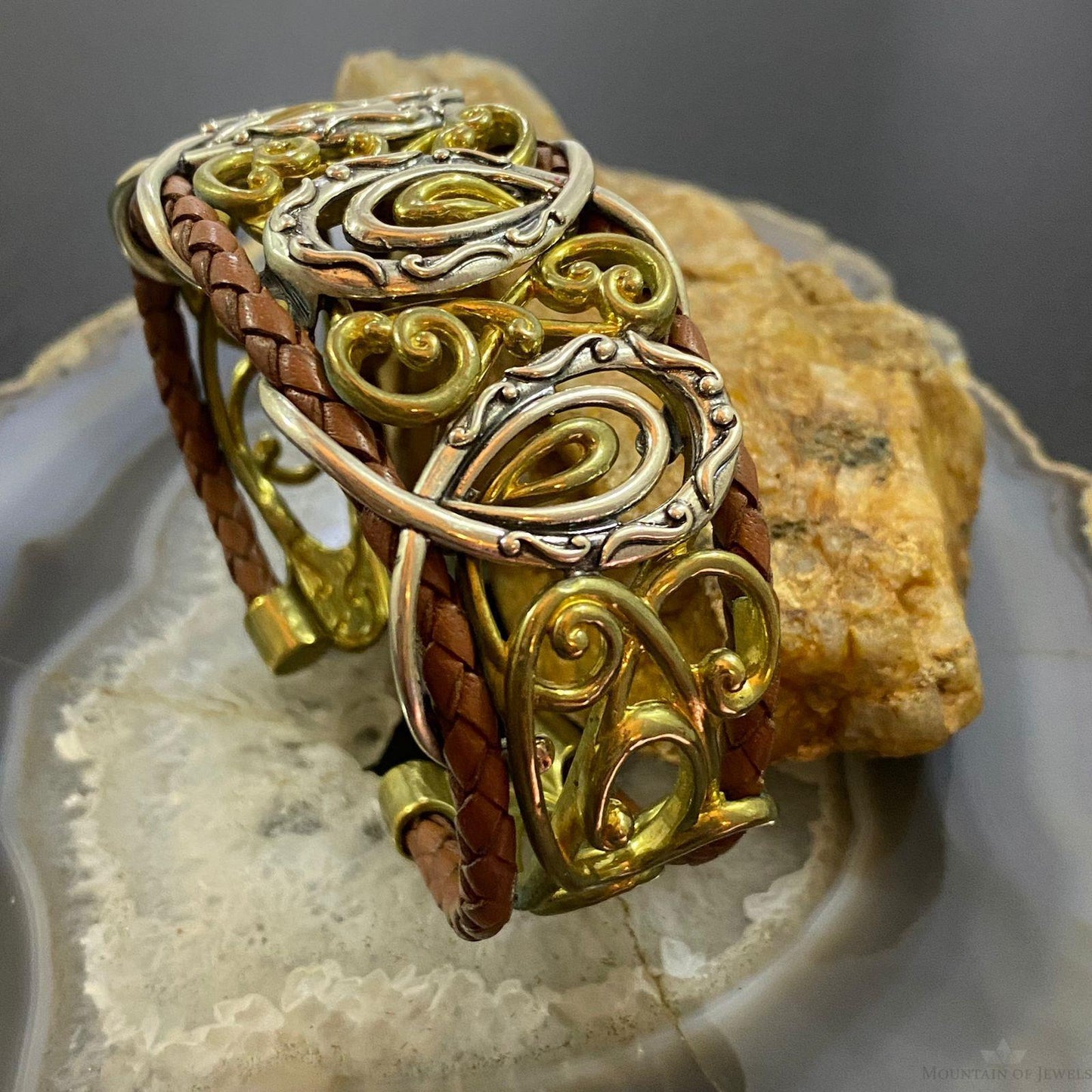 Carolyn Pollack Sterling Silver & Brass Double Row Brown Leather Decorated Bracelet