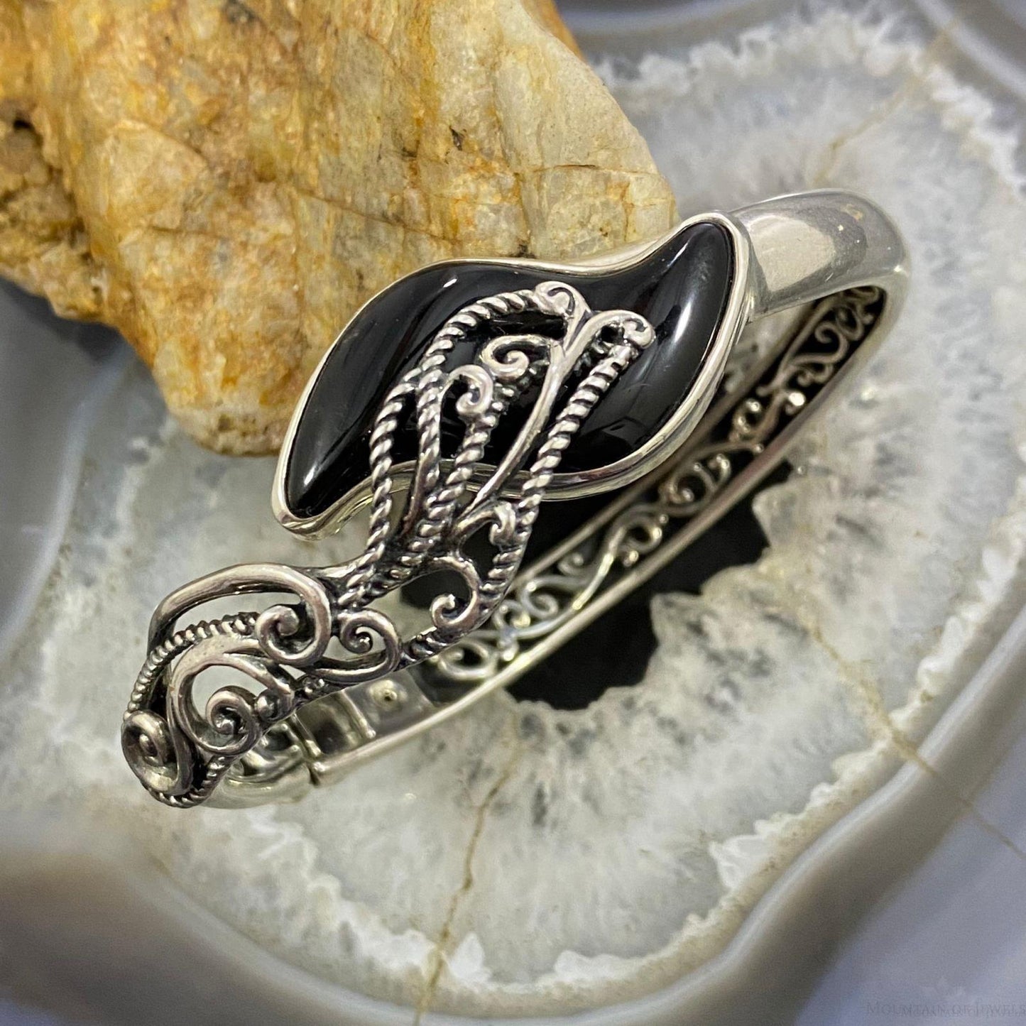 Carolyn Pollack Sterling Silver Black Onyx Decorated Hinged Bracelet For Women