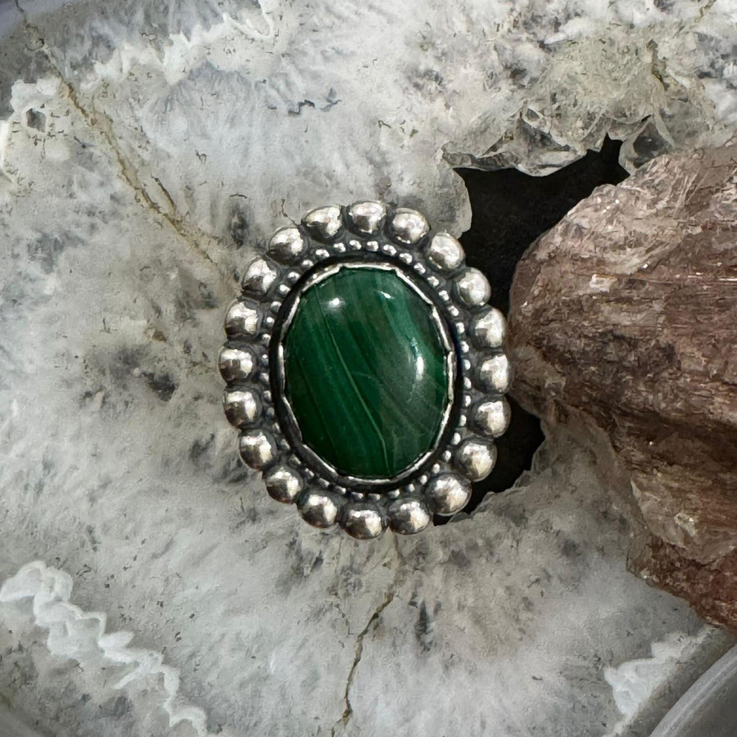 Carolyn Pollack Sterling Silver Oval Malachite Decorated Ring Size 9 For Women