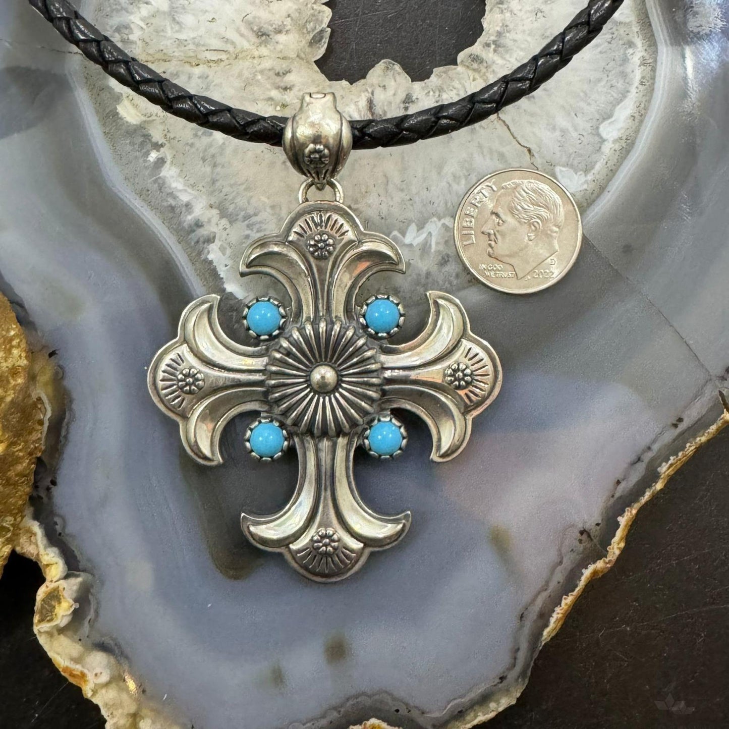 Carolyn Pollack Sterling Silver Turquoise Cross Pendant Black Braided Leather Necklace