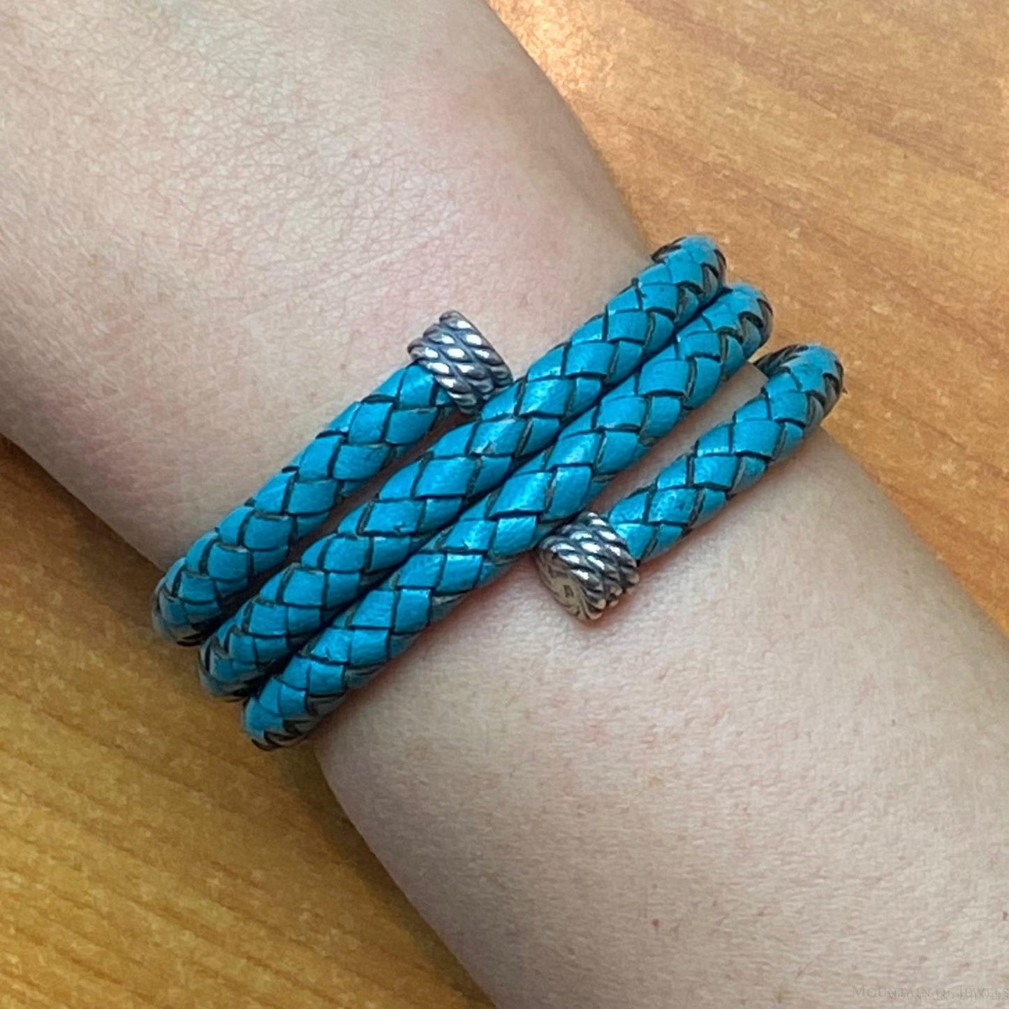 Carolyn Pollack Sterling Silver Teal Braided Leather Unisex Coil Wrap Bracelet