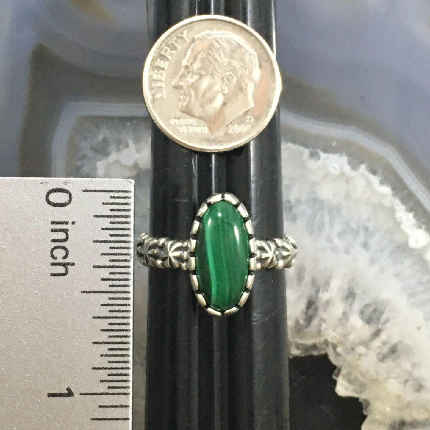 Carolyn Pollack Sterling Silver Elongated Oval Malachite Decorated Ring Size 8 For Women