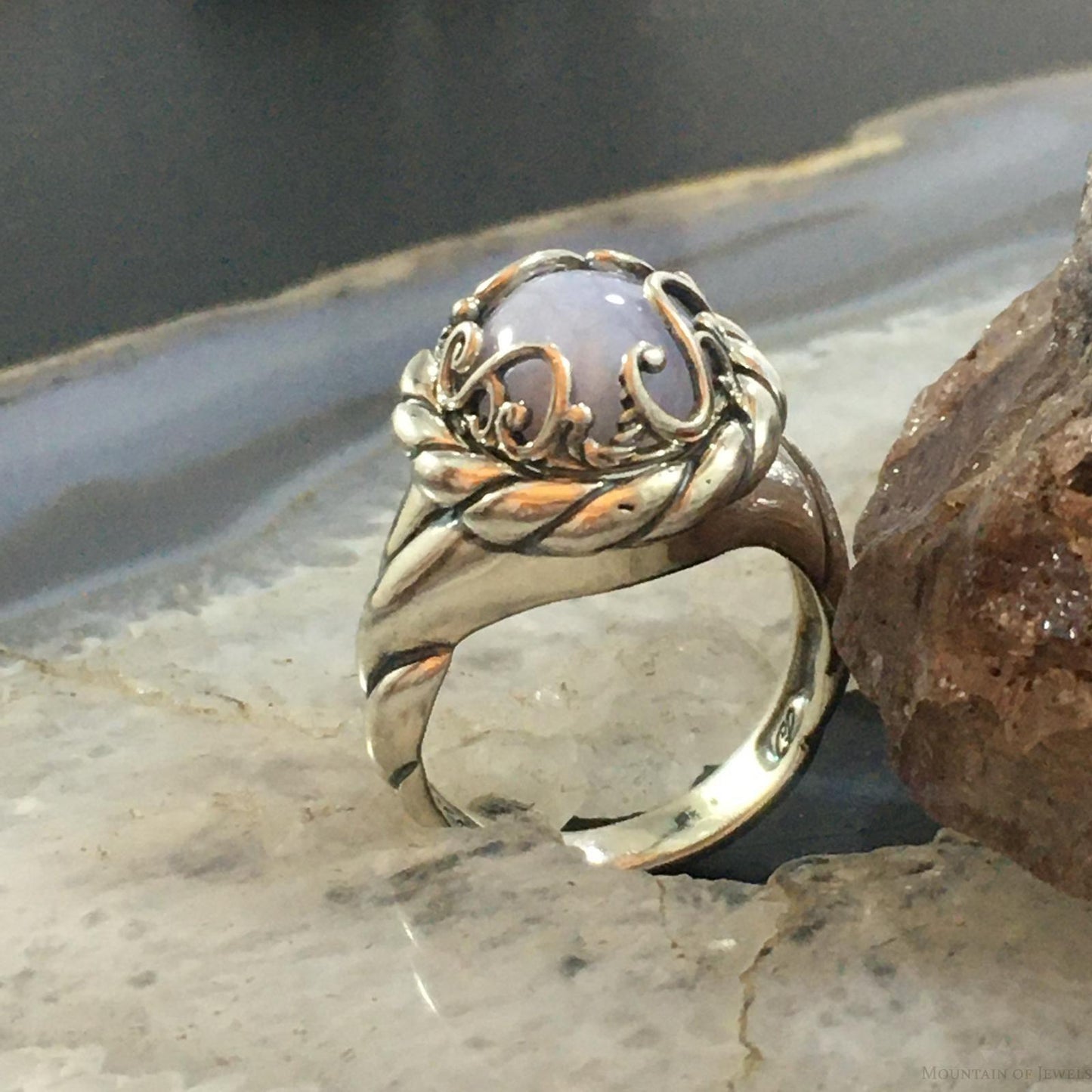 Carolyn Pollack Sterling Silver Oval Blue Lace Agate Decorated Ring Size 8 For Women