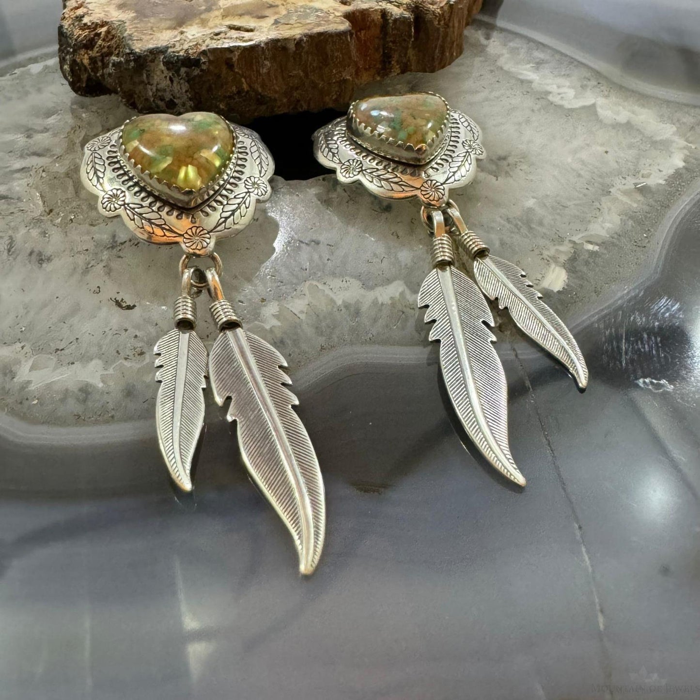 Carolyn Pollack Sterling Silver Heart Shape Chip Gemstones w/Feathers Dangle Earrings For Women