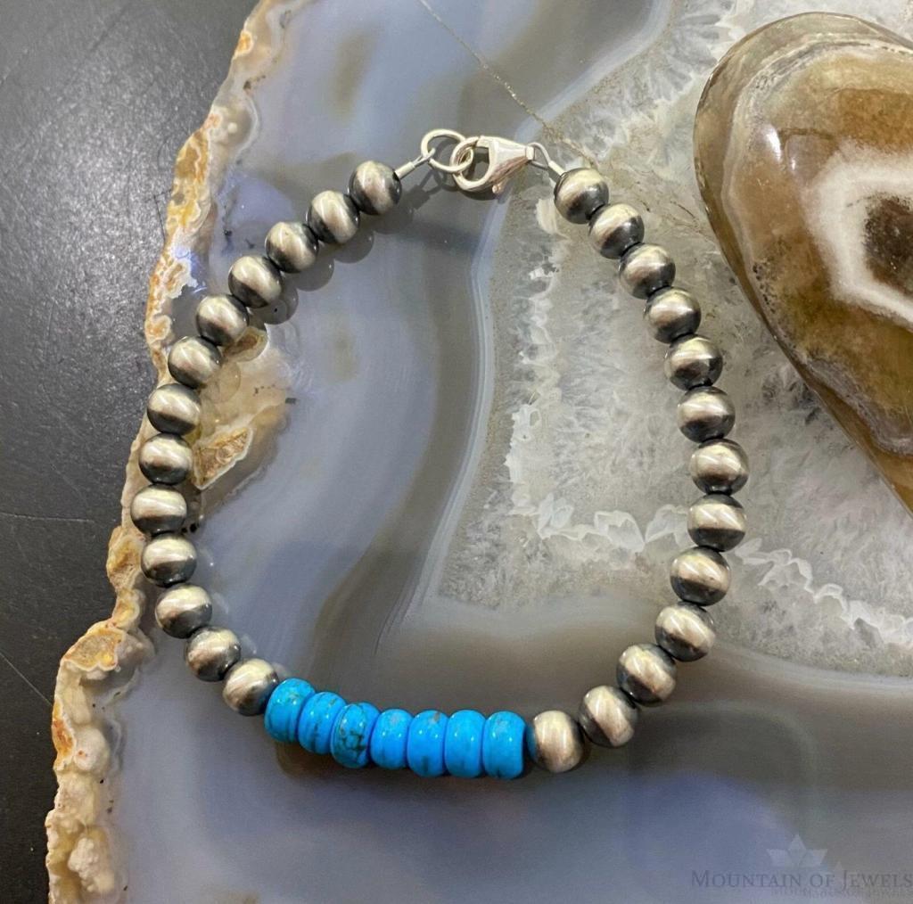 Navajo Pearl and Turquoise 6mm Beads Sterling Silver 8" Bangle For Women