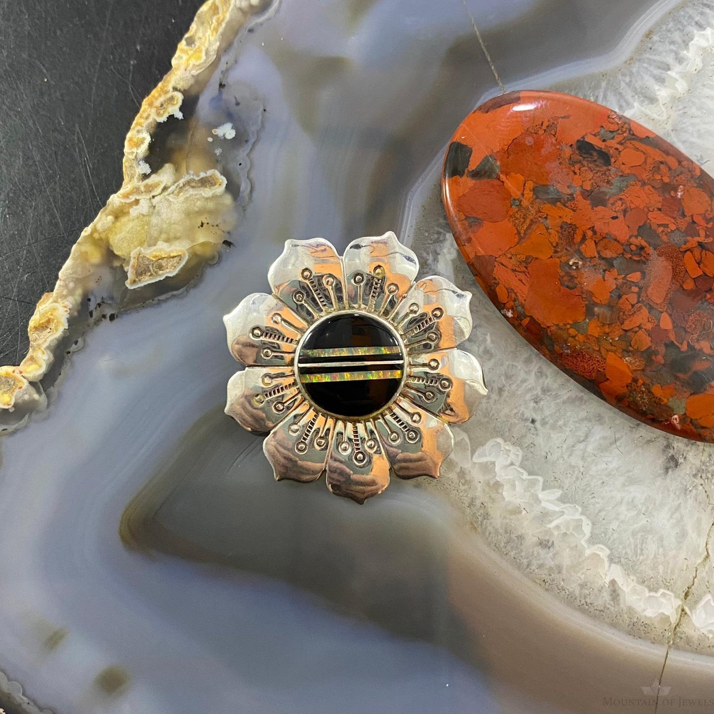 Vintage Native American Sterling Silver Onyx & Opal Stamped Flower Brooch For Women
