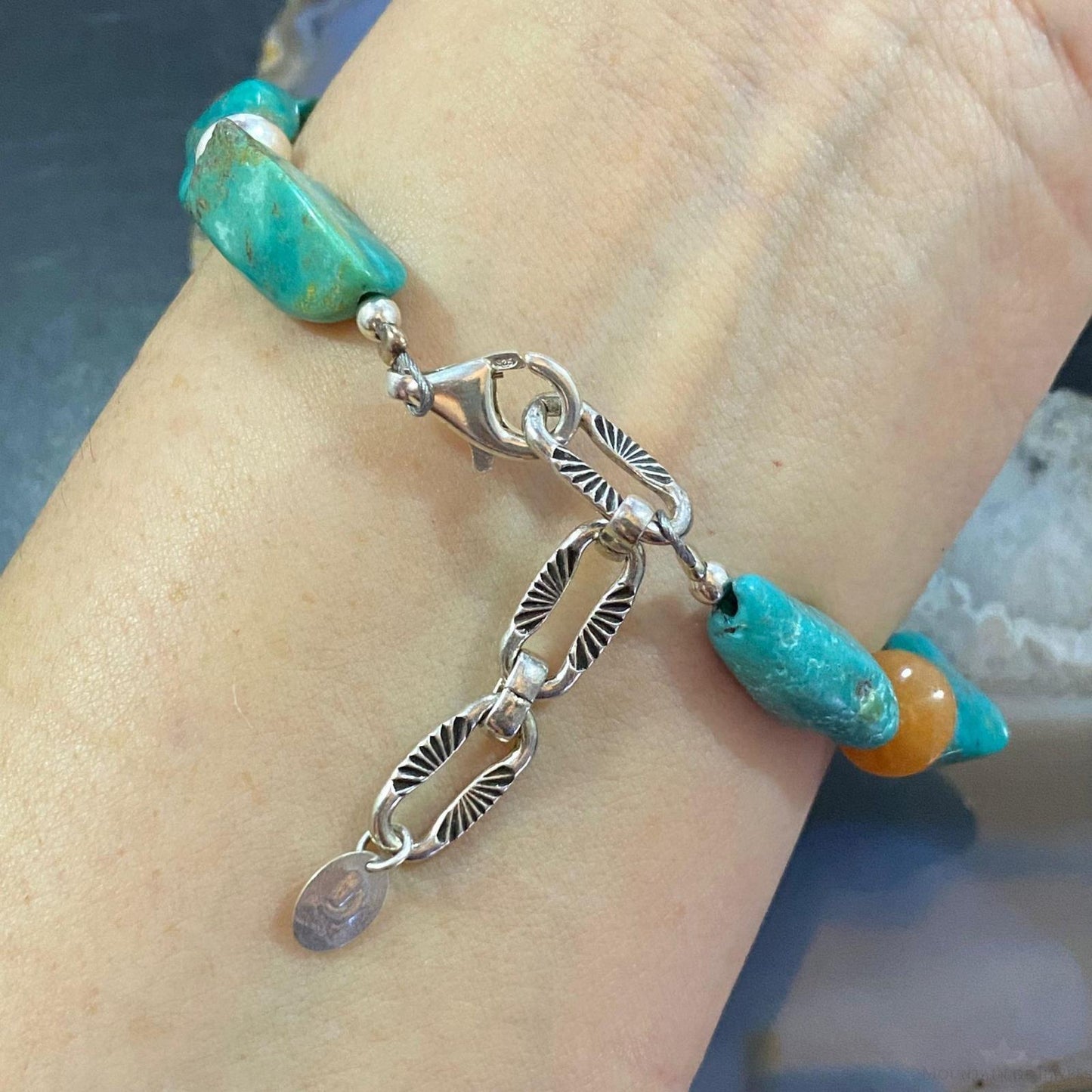 Carolyn Pollack Sterling Silver Chunky Turquoise & Carnelian Bead Link Bracelet For Women