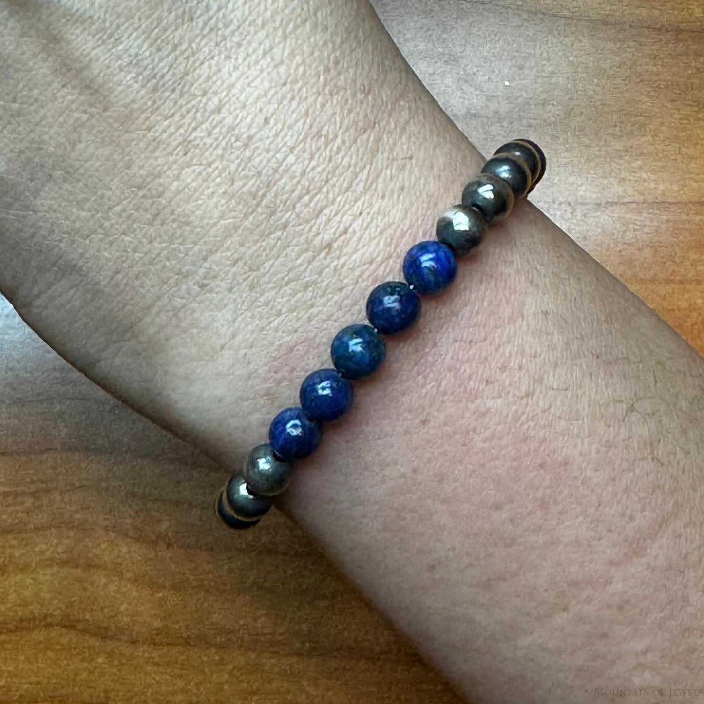 Native American Sterling Silver 5 mm Navajo Pearl & Lapis Bead Link Bracelet For Women