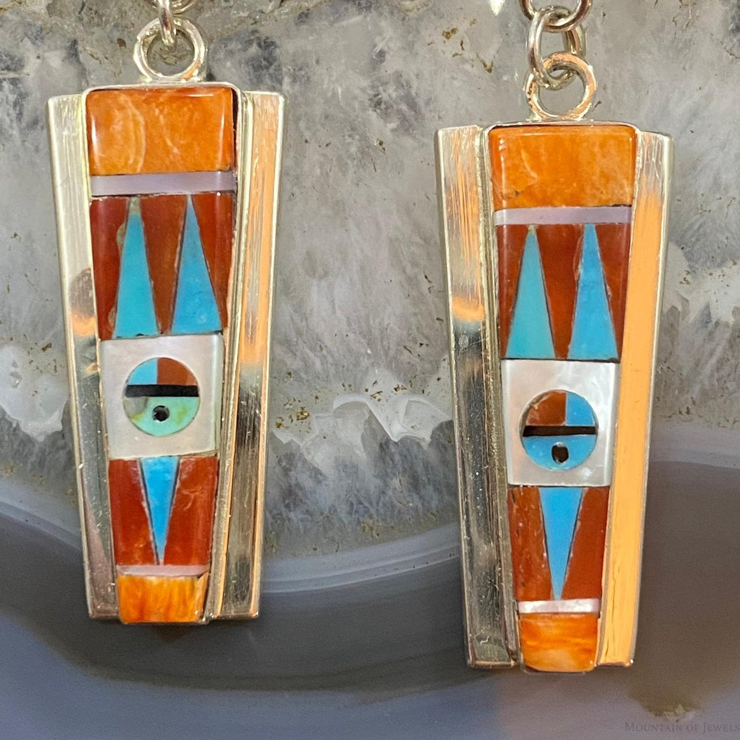 Raylan & Patty Edaakie Zuni Sterling Silver Multi Stone Inlay Dangle Earrings For Women #1