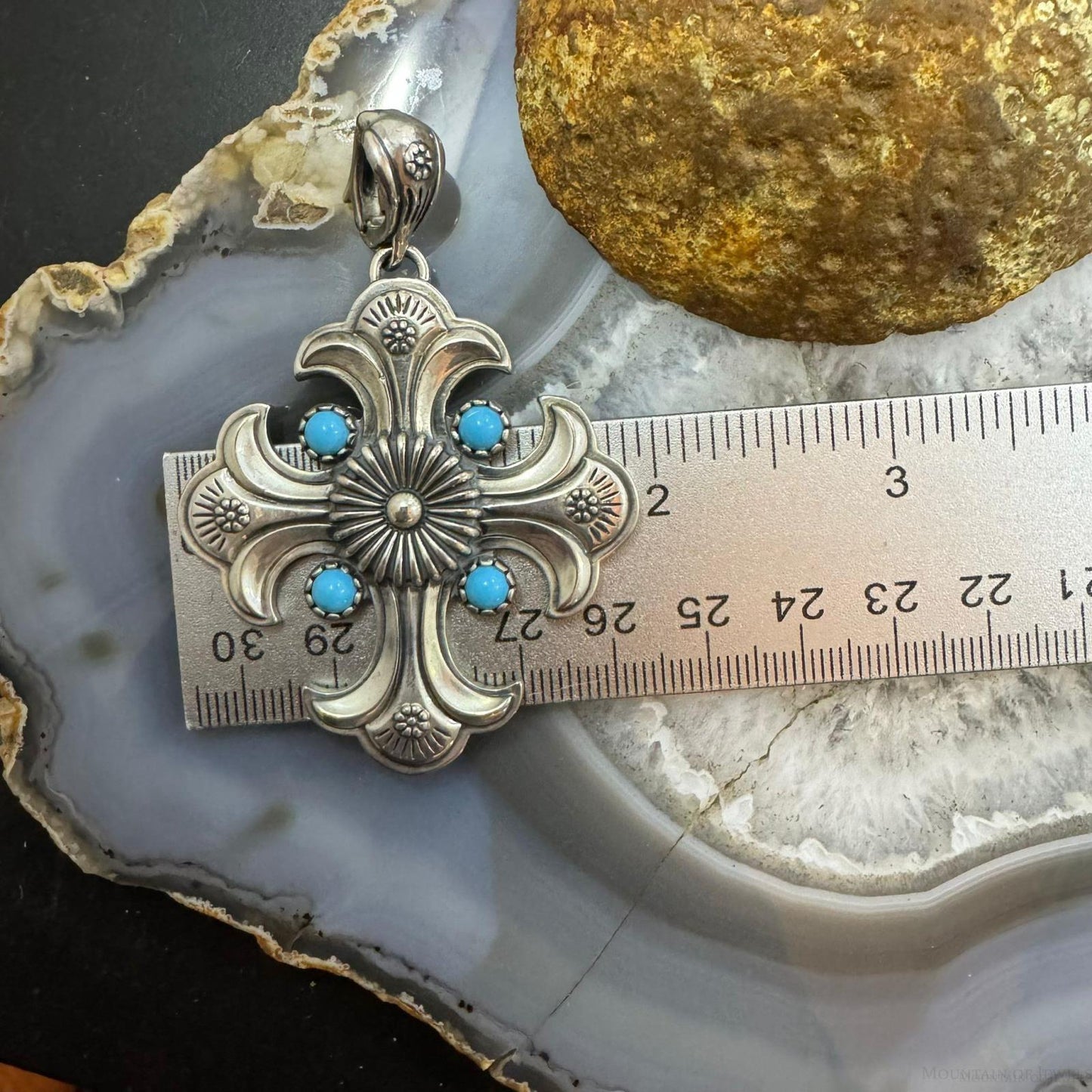 Carolyn Pollack Sterling Silver Turquoise Cross Pendant Black Braided Leather Necklace