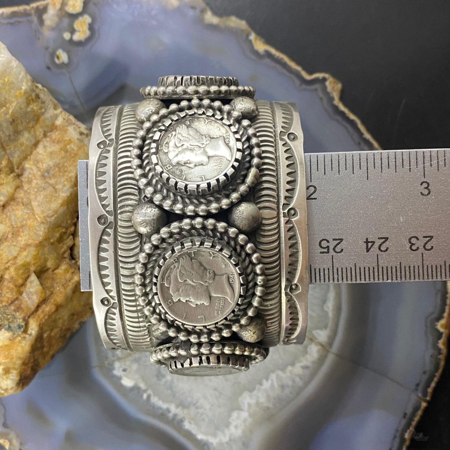 Alex Sanchez Native American Sterling Silver 4 Mercury Dimes Solid Decorated Bracelet For Women