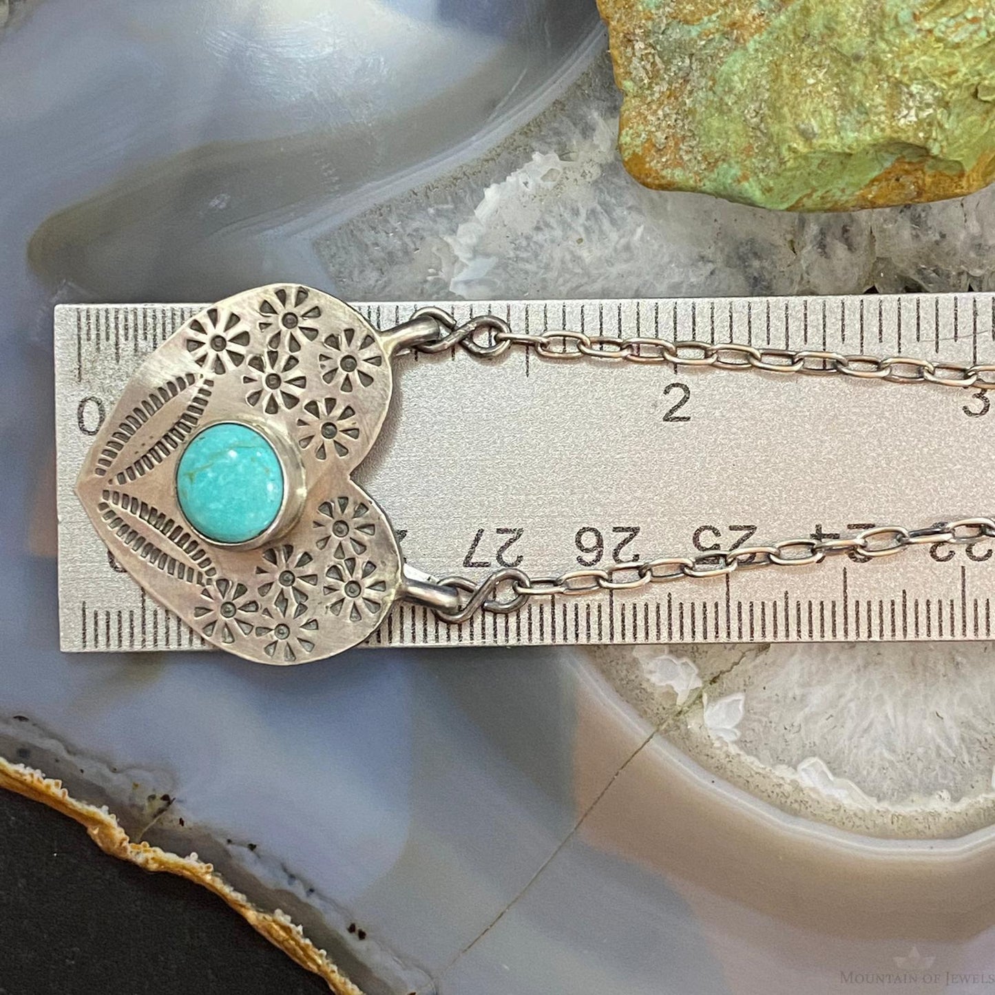 Marie Tsosie Native American Sterling Silver Oval Kingman Turquoise Stamped Heart Necklace For Women