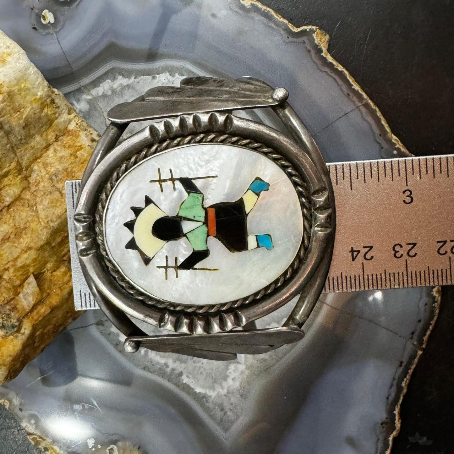 Clem Nalwood Native American Vintage Silver Multi-gemstone Inlay Shalako Dancer Bracelet