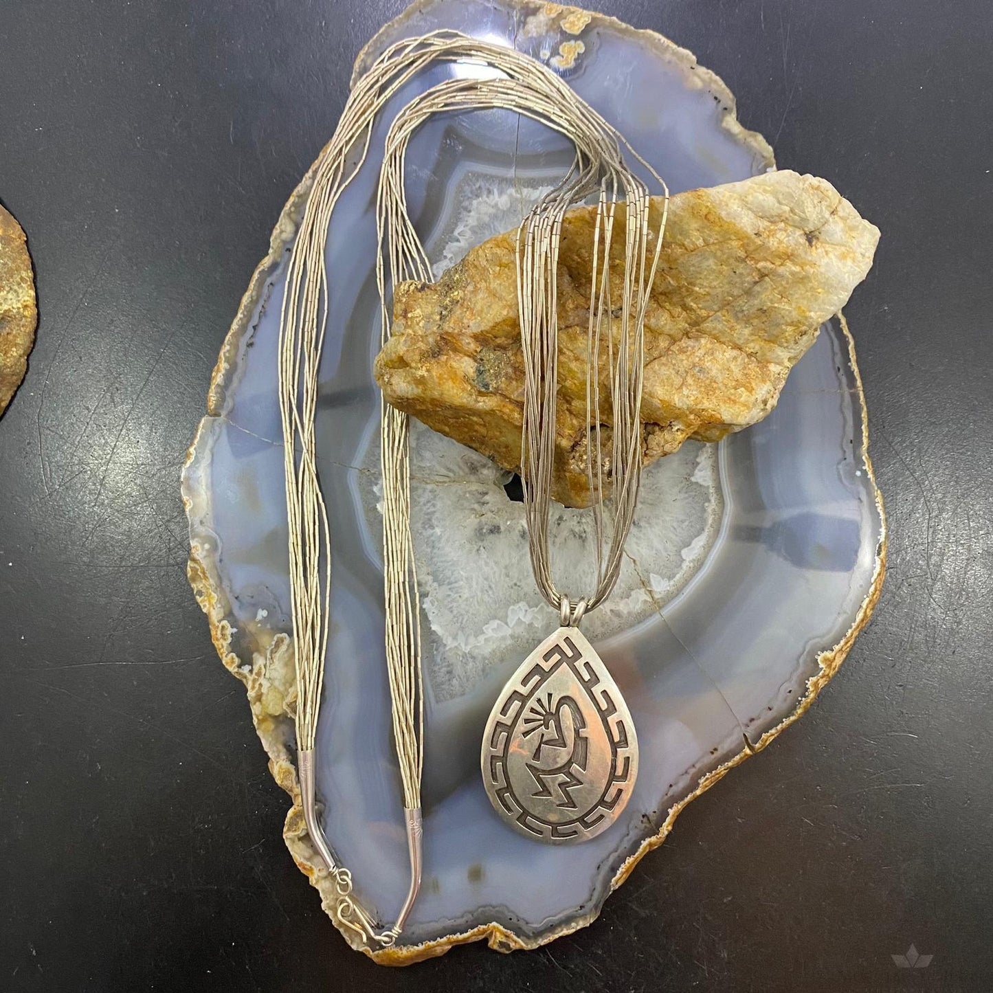 Vintage Native American Sterling Silver Hopi Kokopelli Pendant w/Liquid Silver Necklace