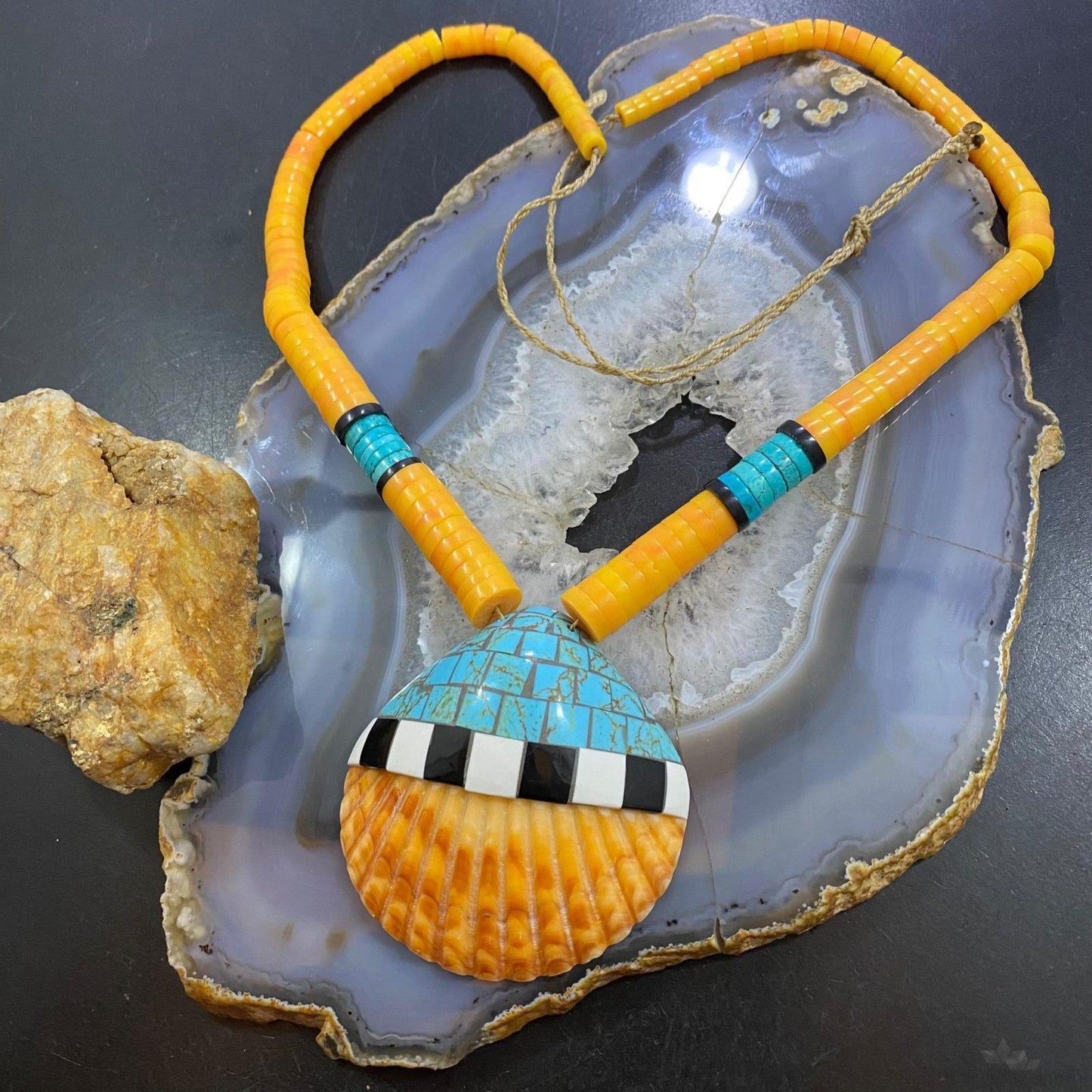 Vintage Santo Domingo Kewa Pueblo Heishi & Multi Gemstone Inlay Necklace For Women