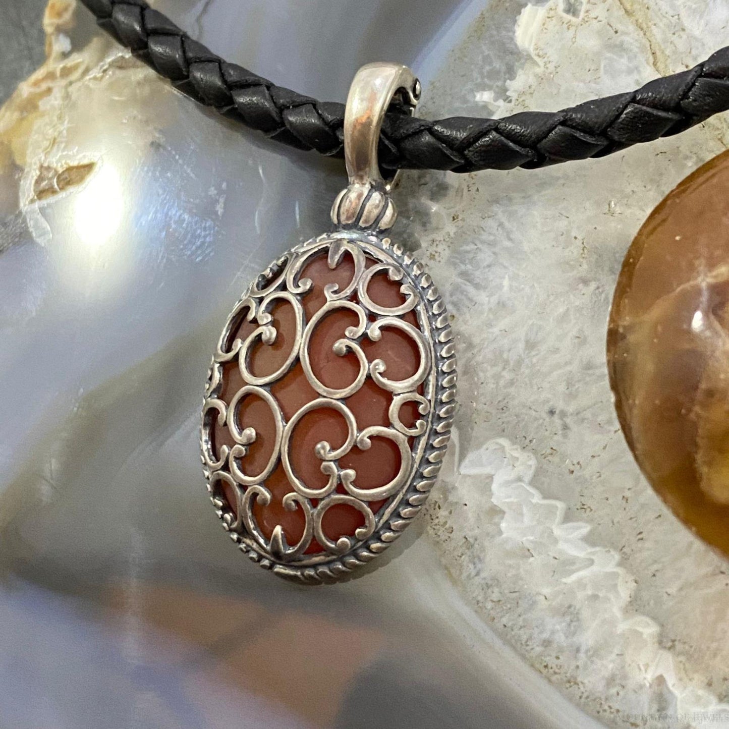 Carolyn Pollack Sterling Silver Oval Frosted Orange Agate Enhancer Pendant For Women