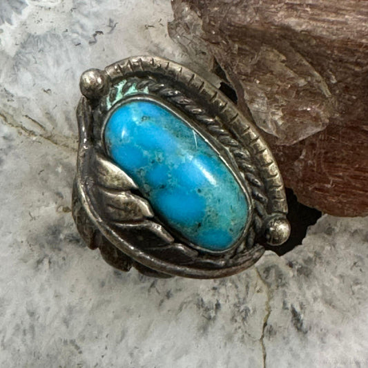 Vintage Native American Silver Turquoise w/Leaf  Decorated Ring Size 6.5 For Women