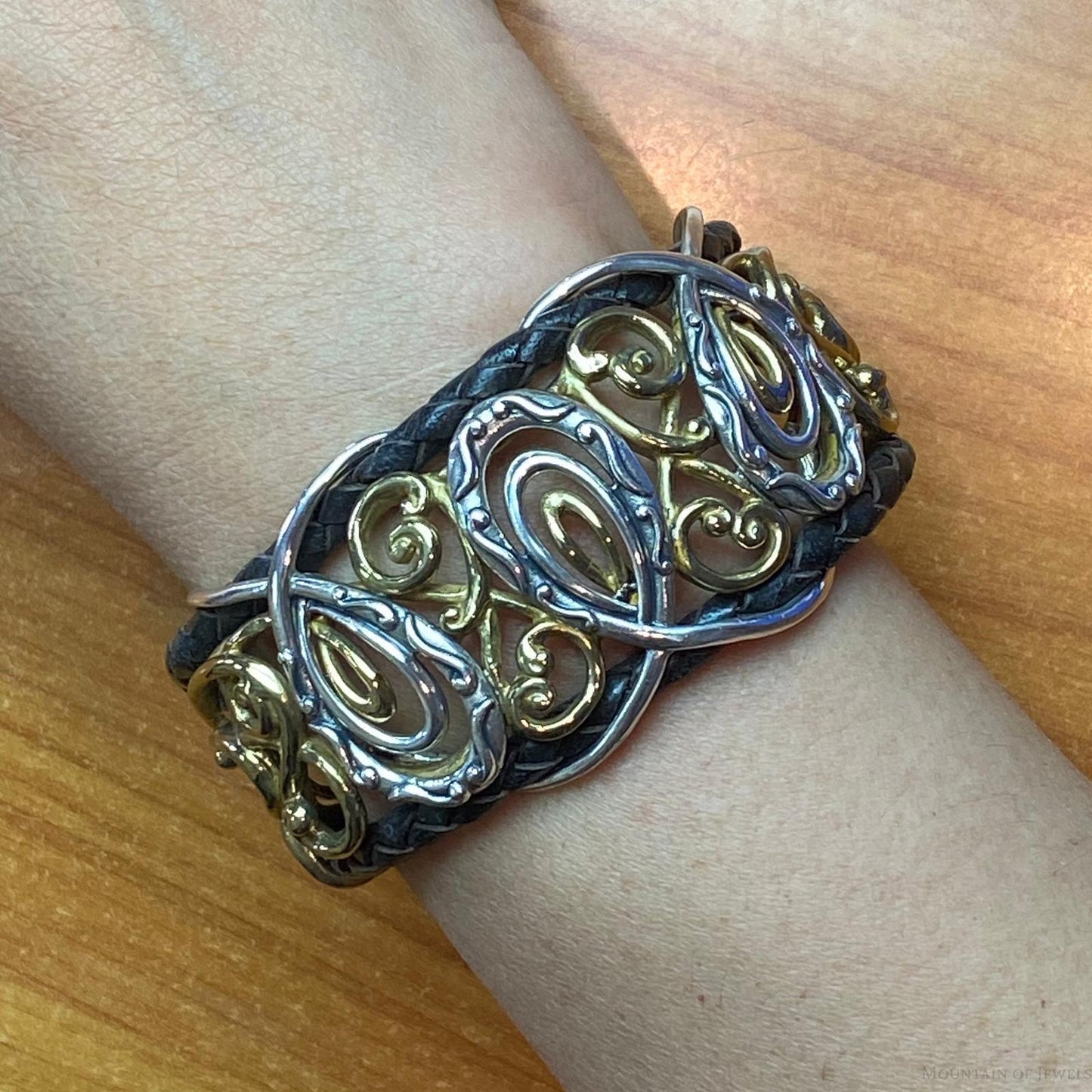 Carolyn Pollack Sterling Silver & Brass Decorated Braided Leather Bracelet For Women