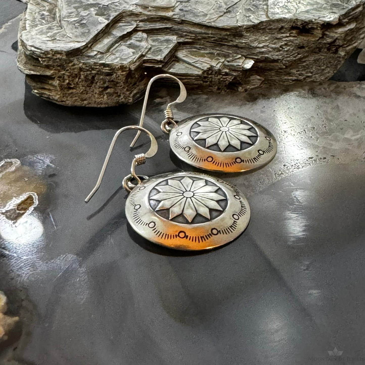 Native American Sterling Silver Stamped Flower Concho Dangle Earrings For Women