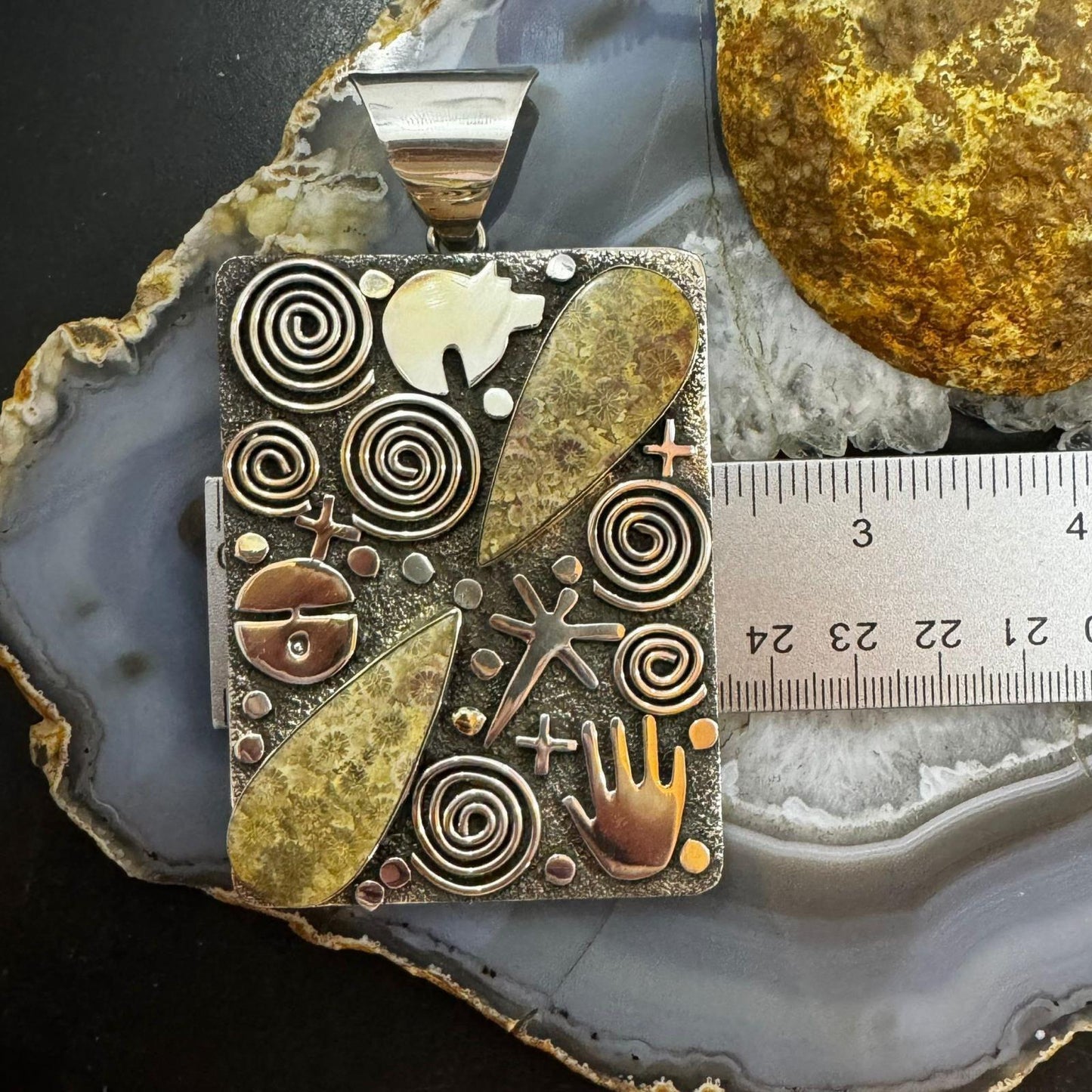Alex Sanchez Native American Sterling Silver 2 Teardrop Fossilized Coral Rectangle Petroglyph Pendant
