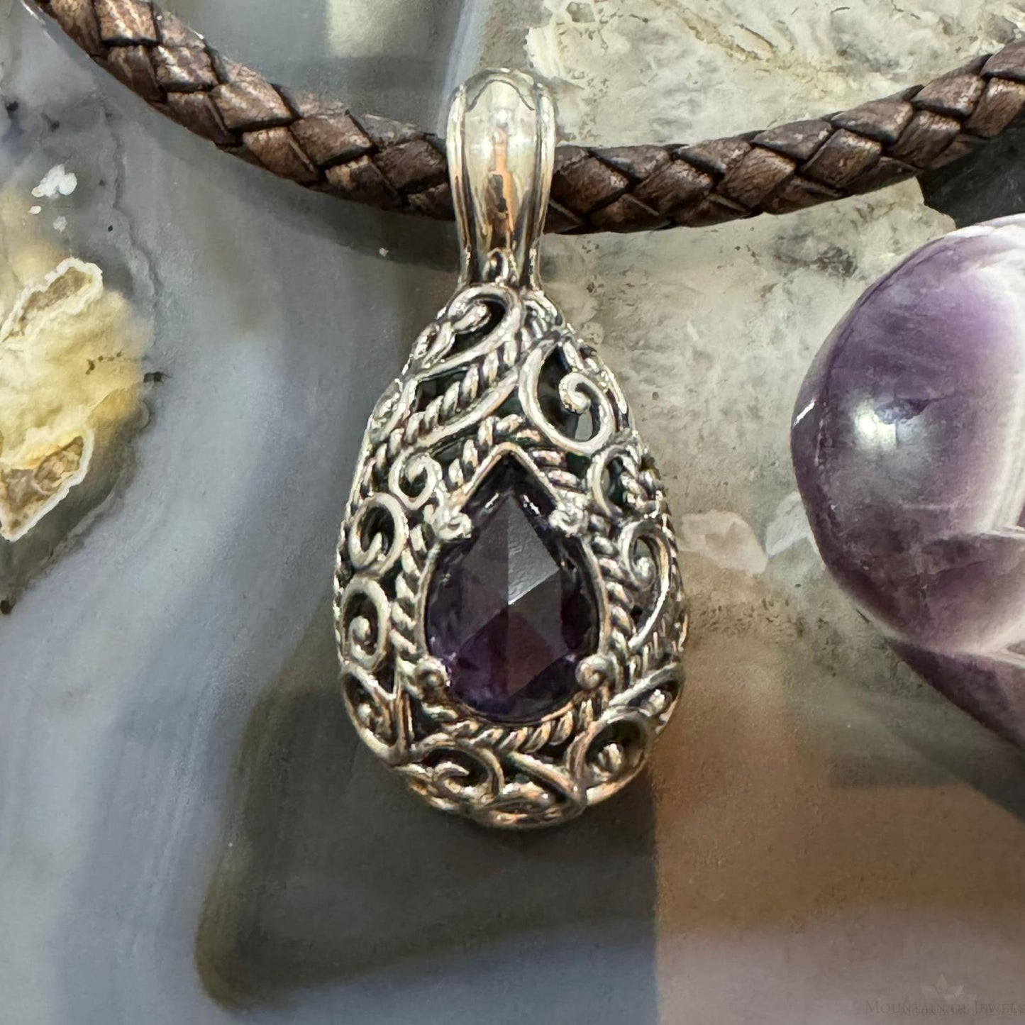 Carolyn Pollack Sterling Silver Teardrop Faceted Amethyst Filigree Enhancer Pendant For Women