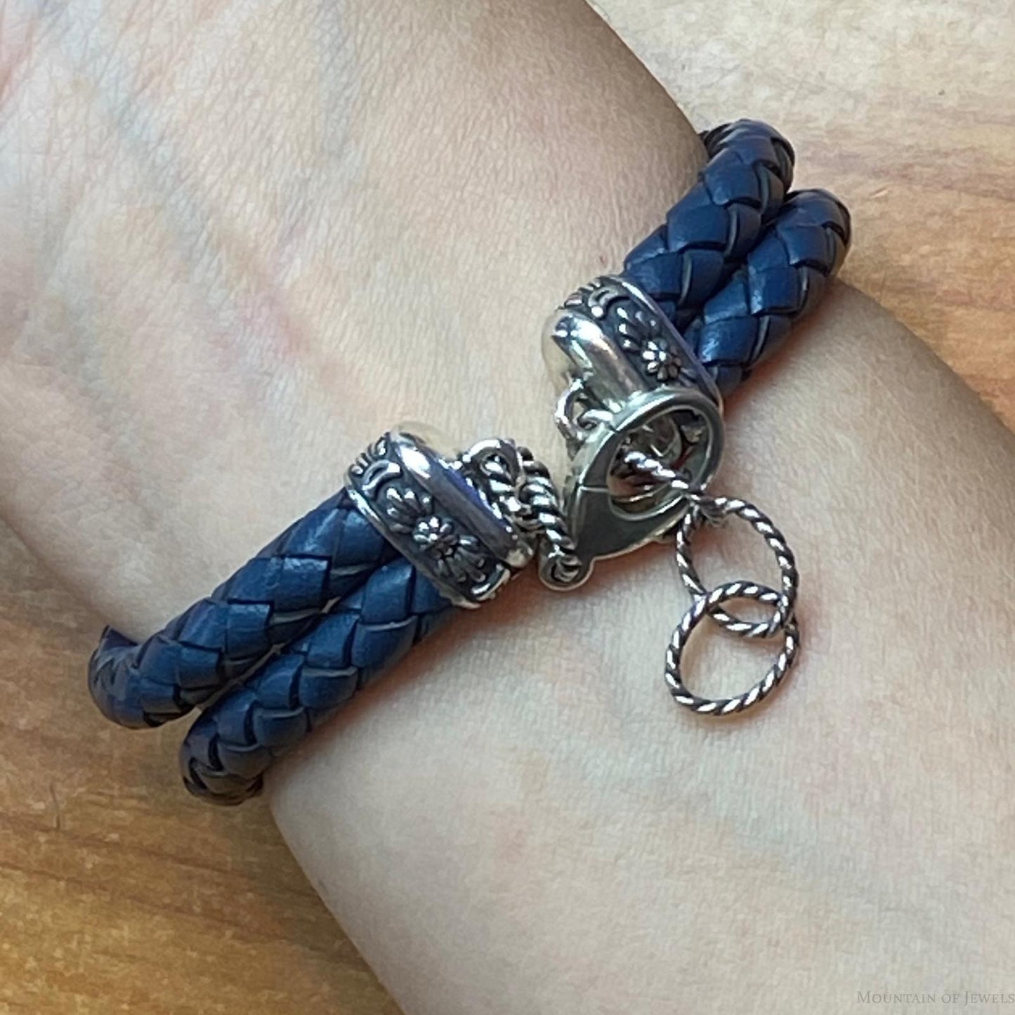Carolyn Pollack Sterling Silver Denim Lapis Navy Braided Leather Bracelet For Women