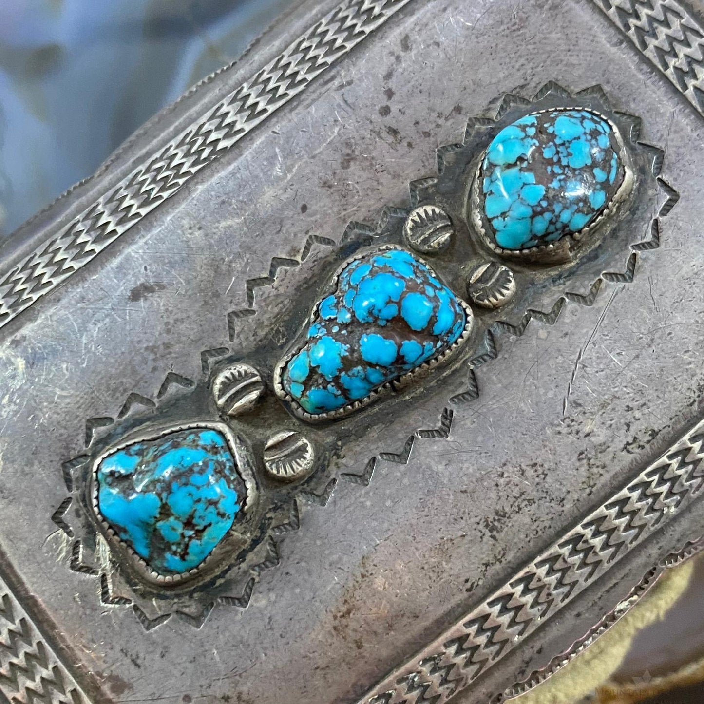 Antique Native American Silver, Leather & 3 Kingman Turquoise Ketoh Bow Guard