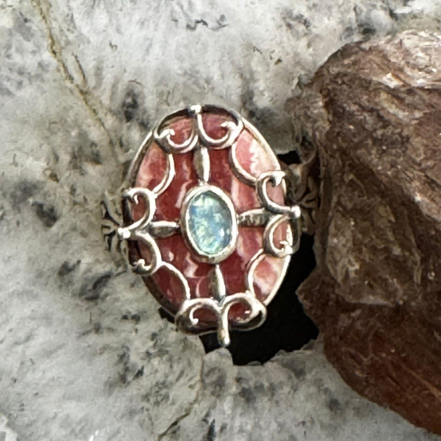 Carolyn Pollack Sterling Silver Rhodochrosite & Opal Ring Size 8.5 For Women