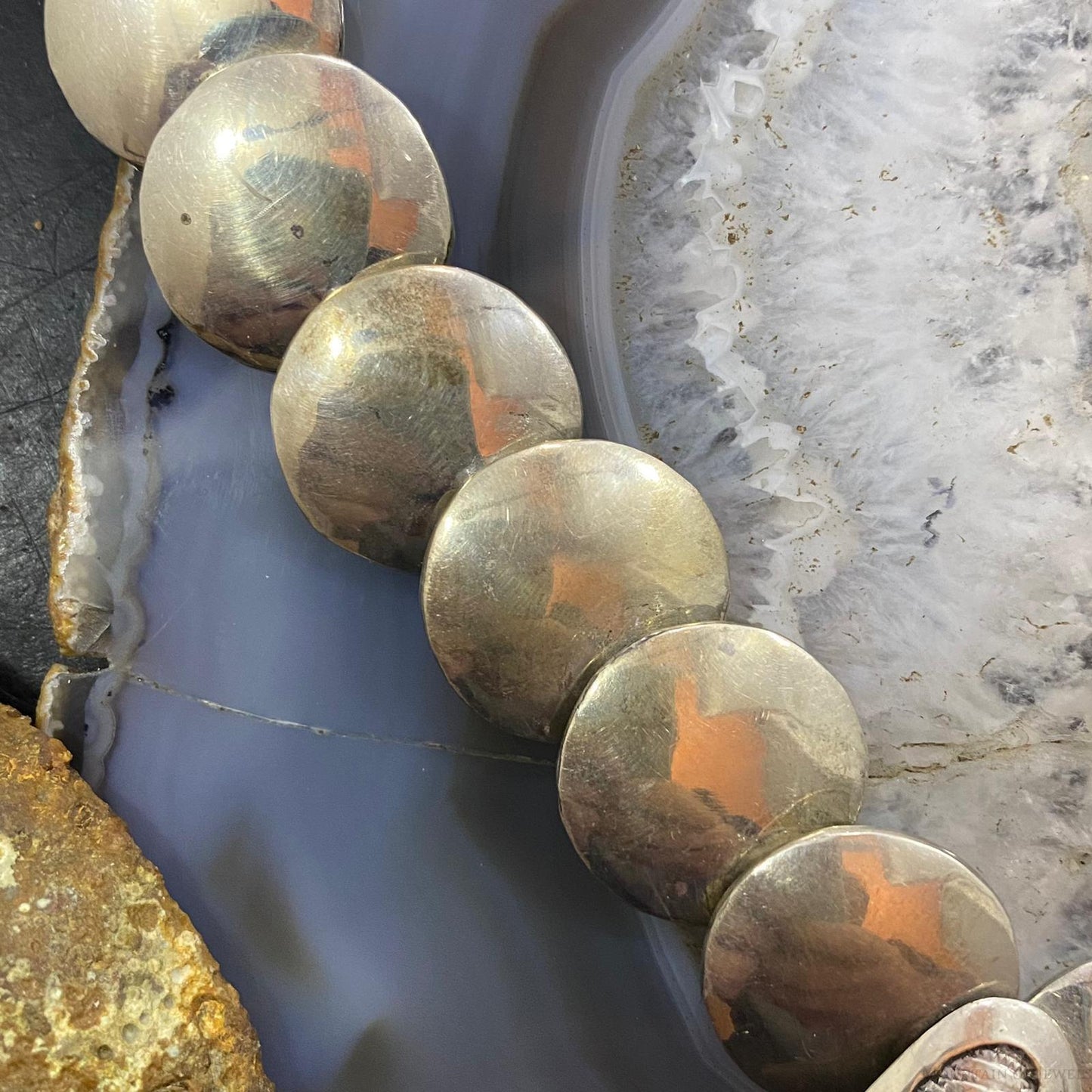 Vintage Native American Silver Double Sided Stamped Disk Bead Necklace For Women