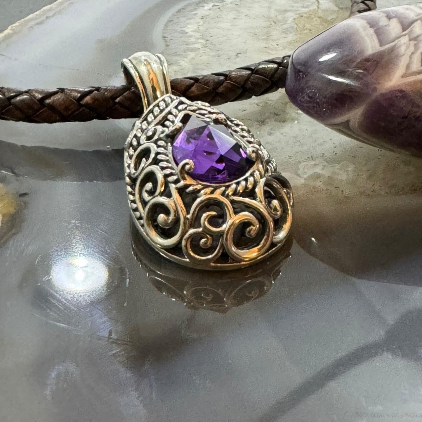 Carolyn Pollack Sterling Silver Teardrop Faceted Amethyst Filigree Enhancer Pendant For Women