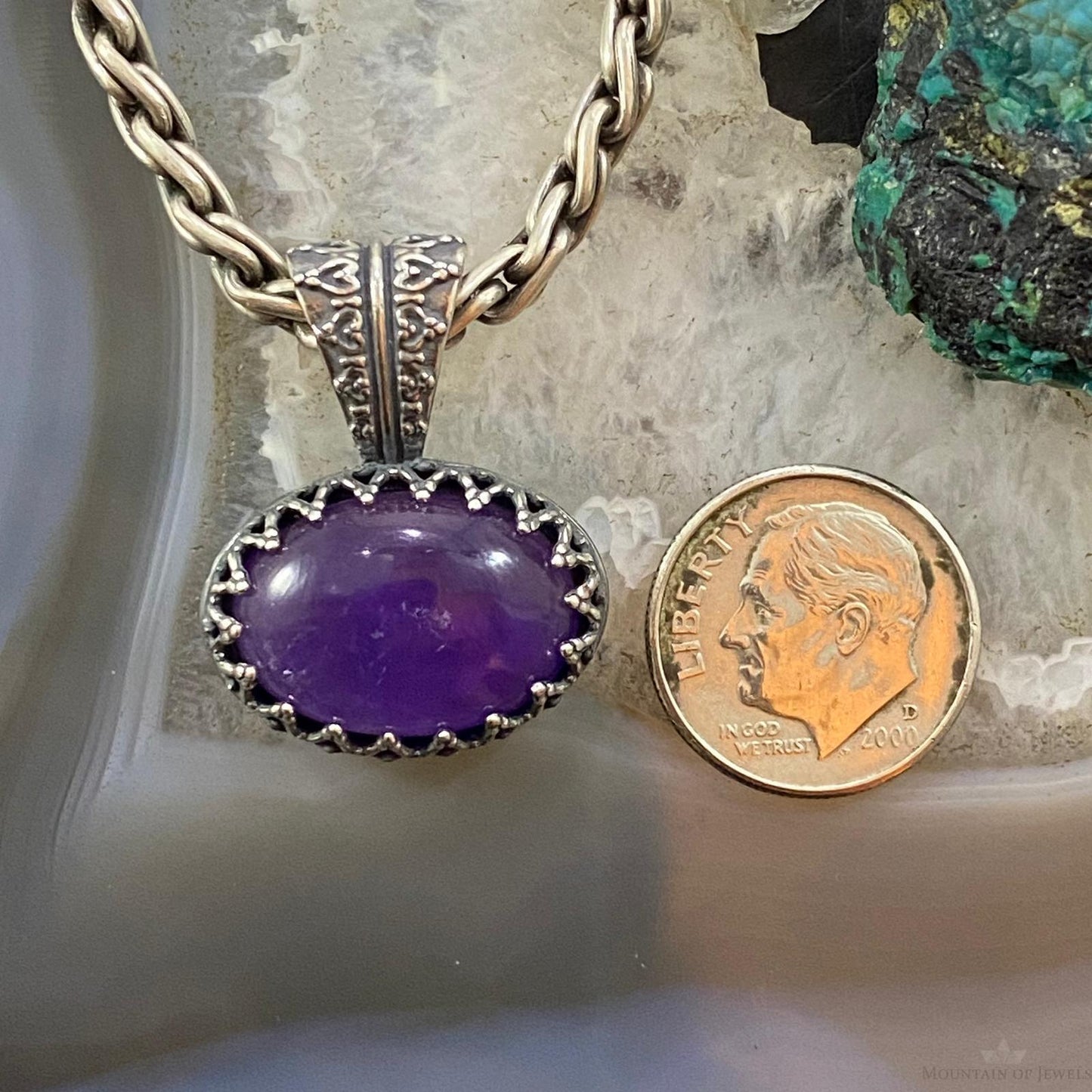 Carolyn Pollack Southwestern Style Sterling Silver Oval Amethyst Decorated Pendant For Women