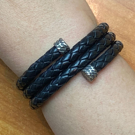 Carolyn Pollack Sterling Silver Black Braided Leather Unisex Coil Wrap Bracelet