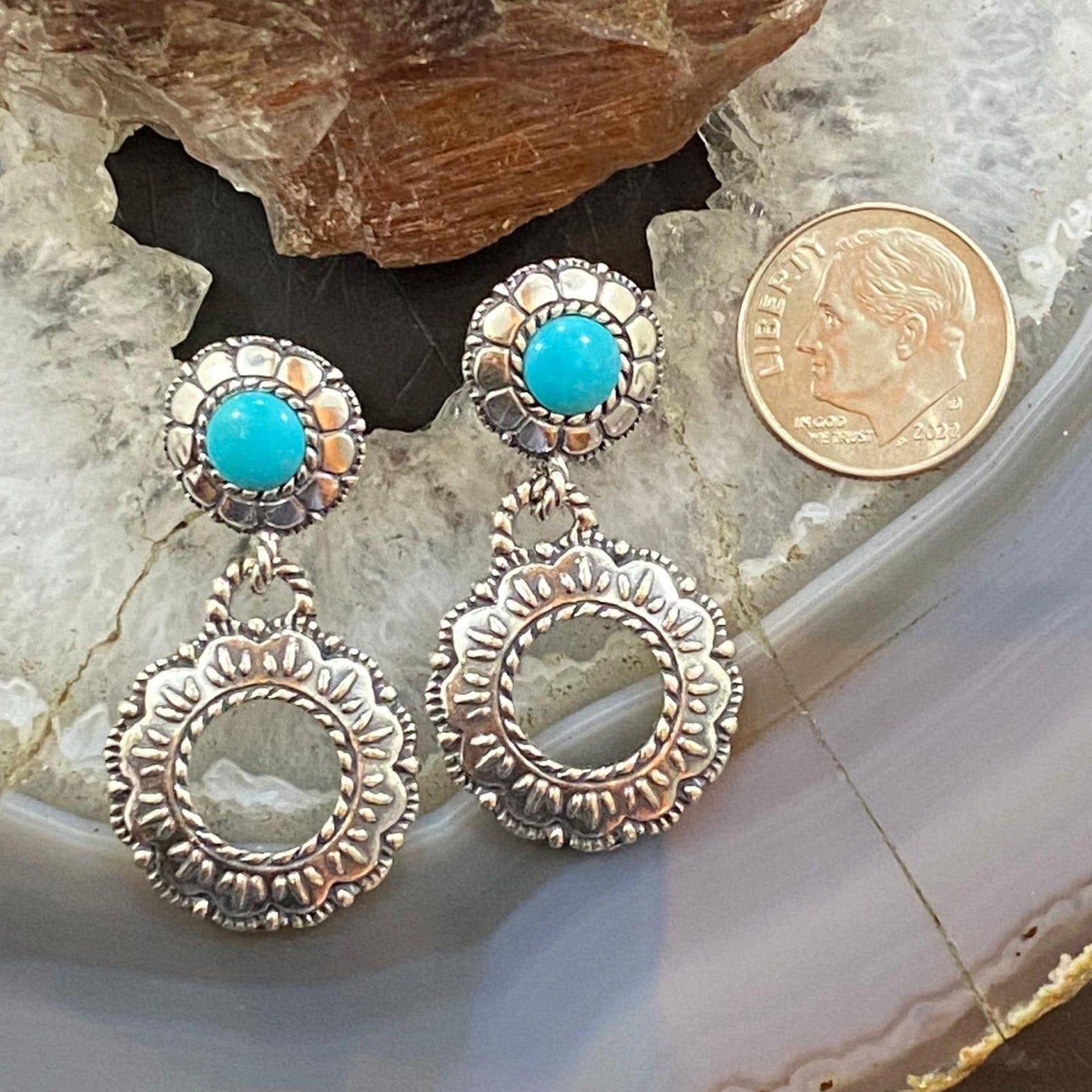 Carolyn Pollack Sterling Silver Round Turquoise Double Flower Dangle Earrings For Women
