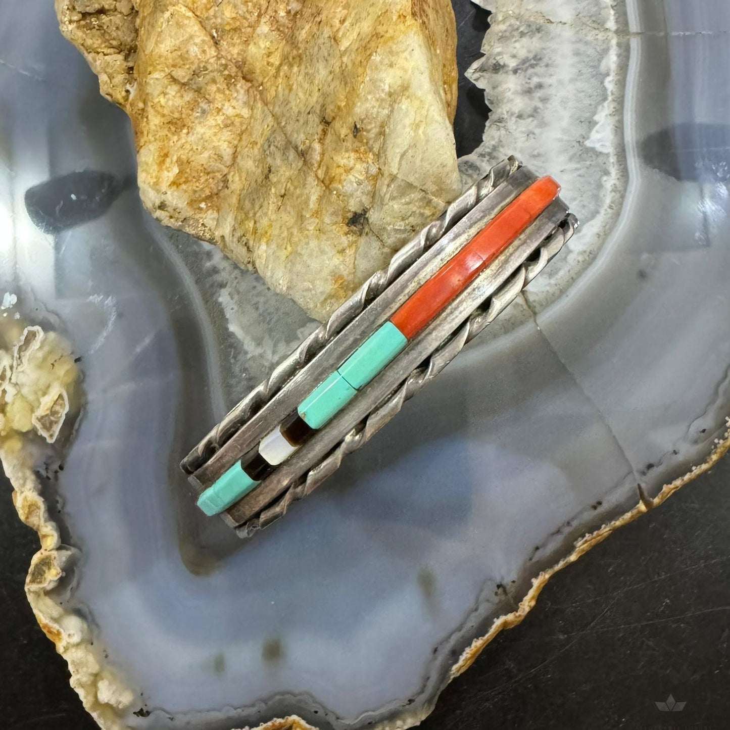 Vintage Signed Native American Silver Multi Gemstone Inlay Bracelet For Women
